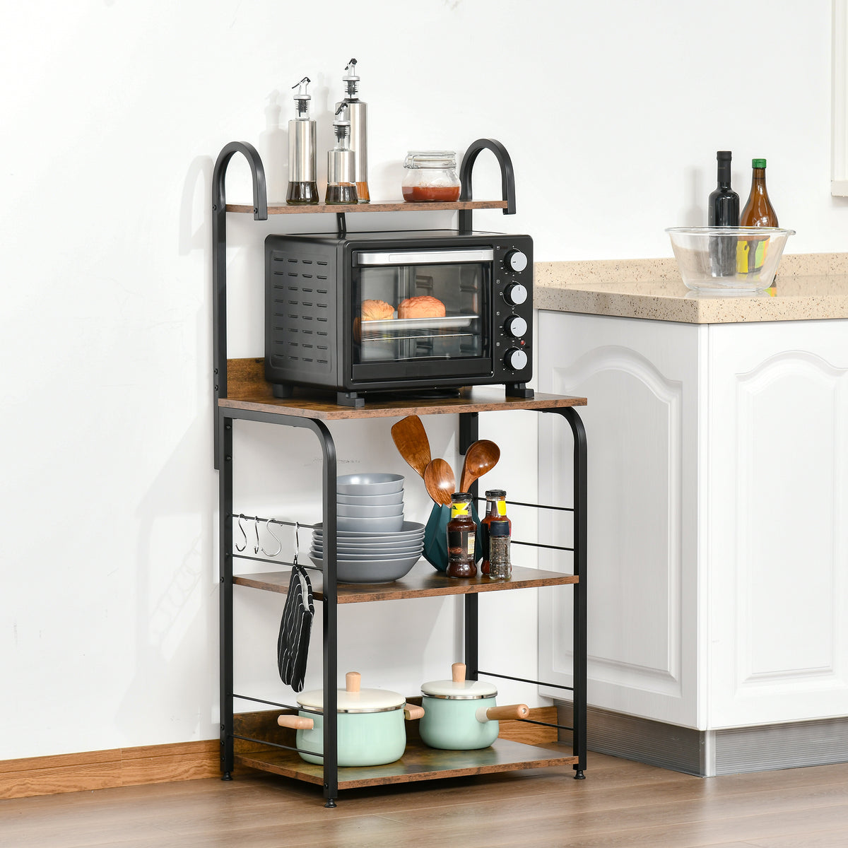 HOMCOM 4-tier Baker's Rack With Storage, Microwave Stand With 4 Hooks