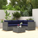 3pcs Rattan Corner Sofa Set With Coffee Table, Cushion, Blue