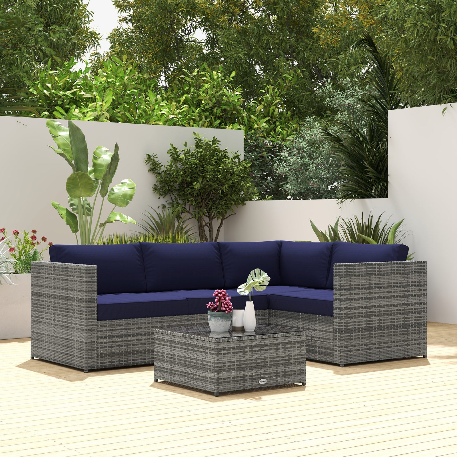 3pcs Rattan Corner Sofa Set With Coffee Table, Cushion, Blue