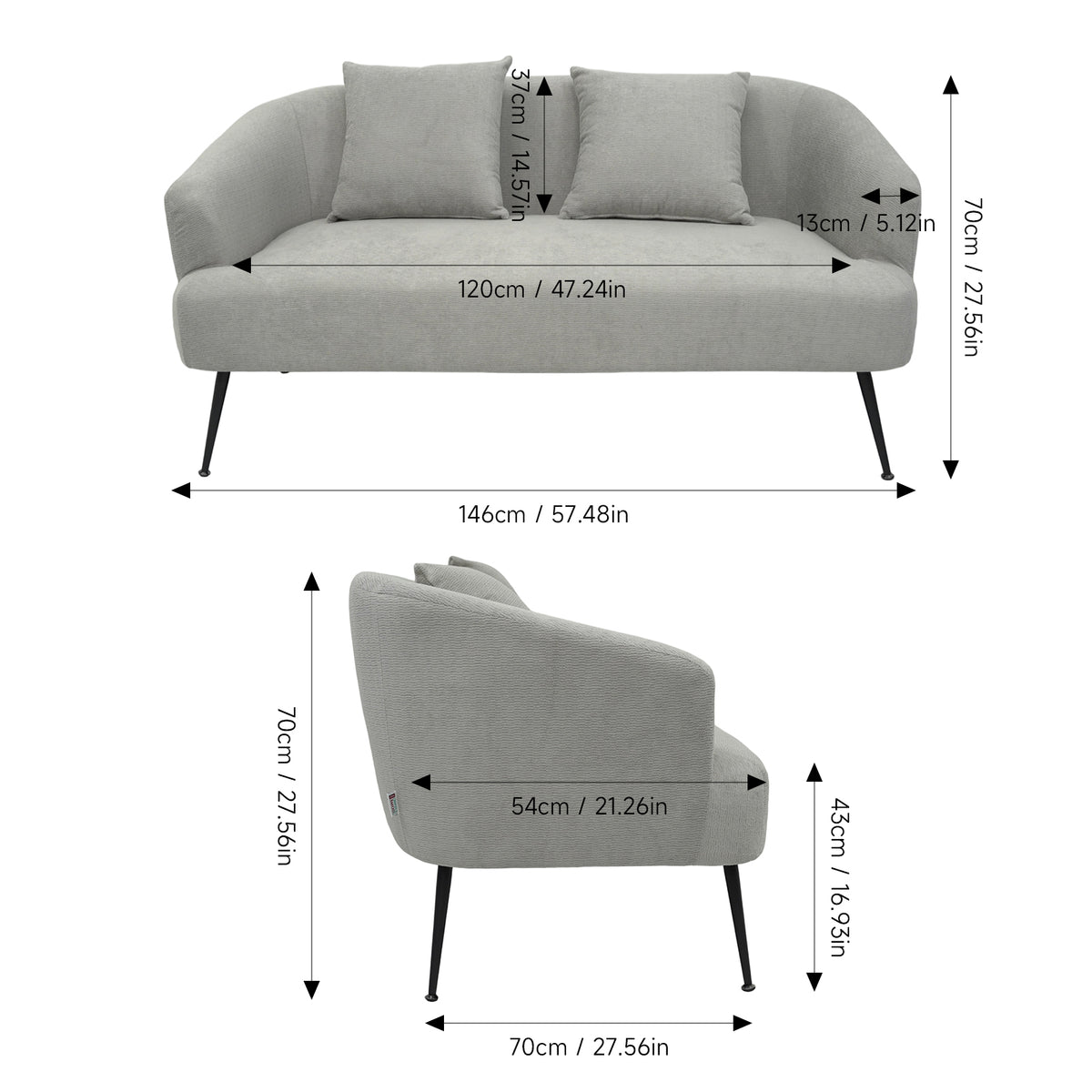 Breeins Modern Chenille 2-seater Sofa With 2 Scatter Cushions