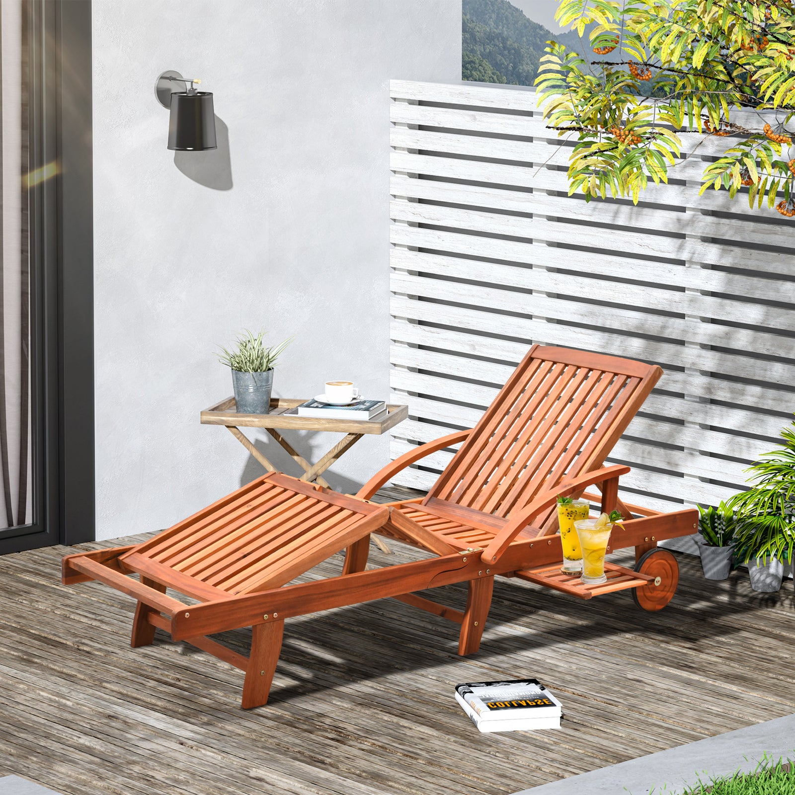 Garden Wood Sun Lounger W/ Adjustable Footrest