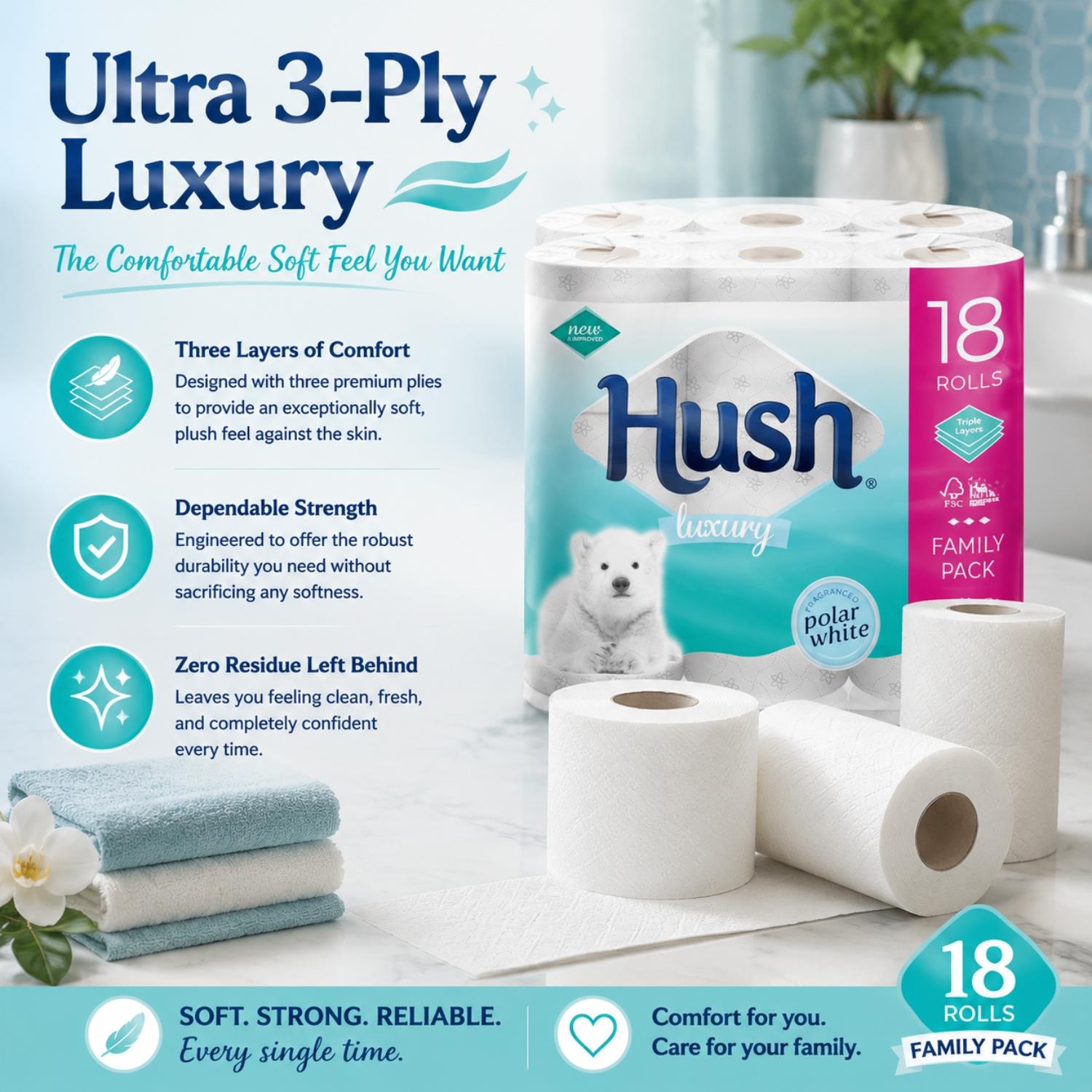 Freedom Rhino Kitchen Paper 24 Rolls + White 3-ply Toilet Tissues 18 Rolls