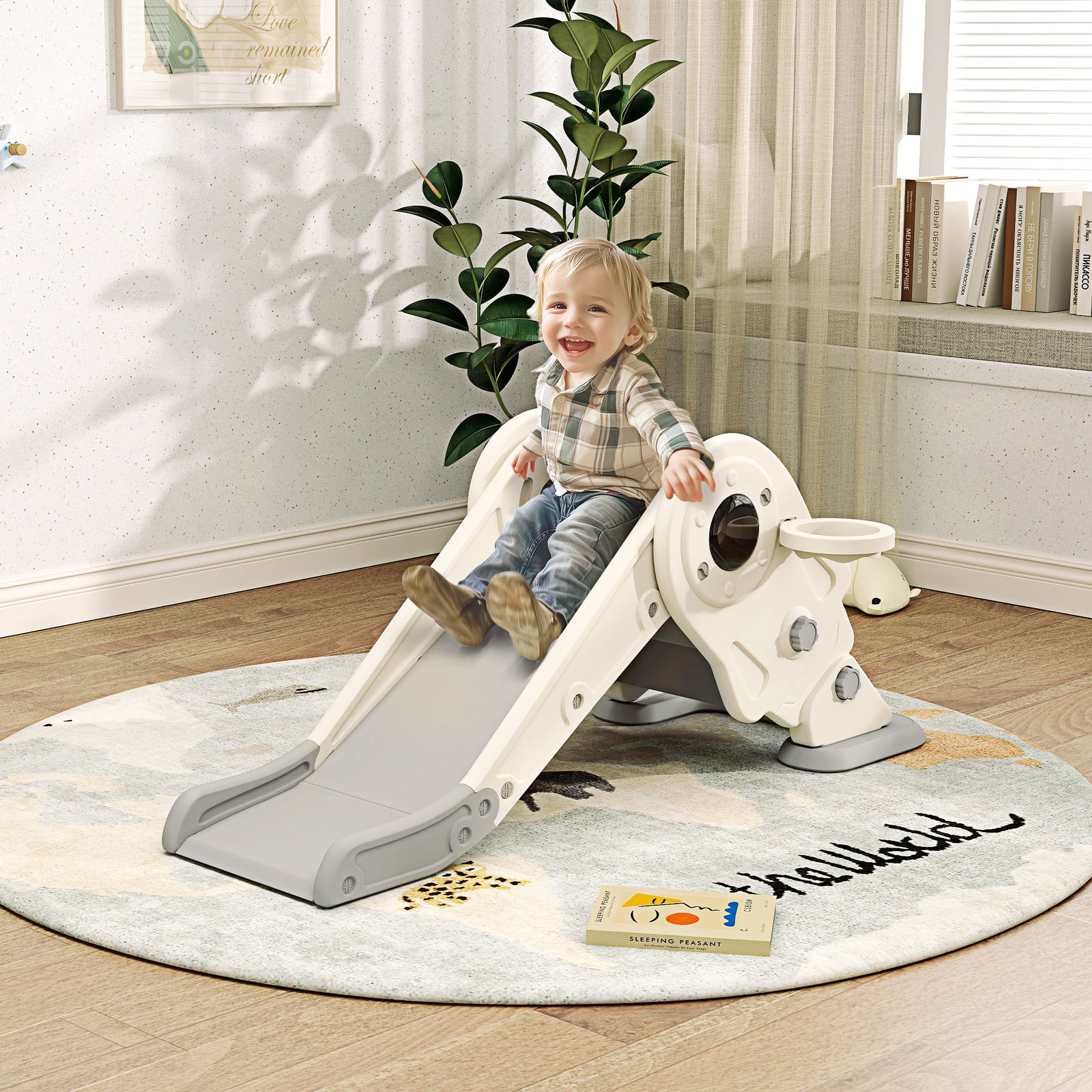 Aiyaplay 3 In1 Kids Slide With Basketball Hoop, Climber, Cream White