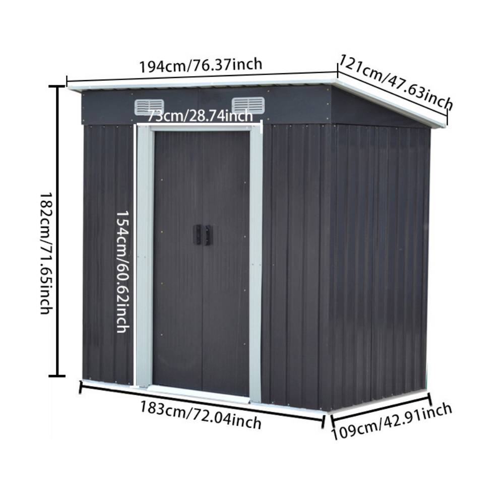 4x6ft Metal Storage Shed With Double Doors,ventilation And Foundation Frame Flat Roof Outdoor Tool Shed For Garden | Charcoal Black