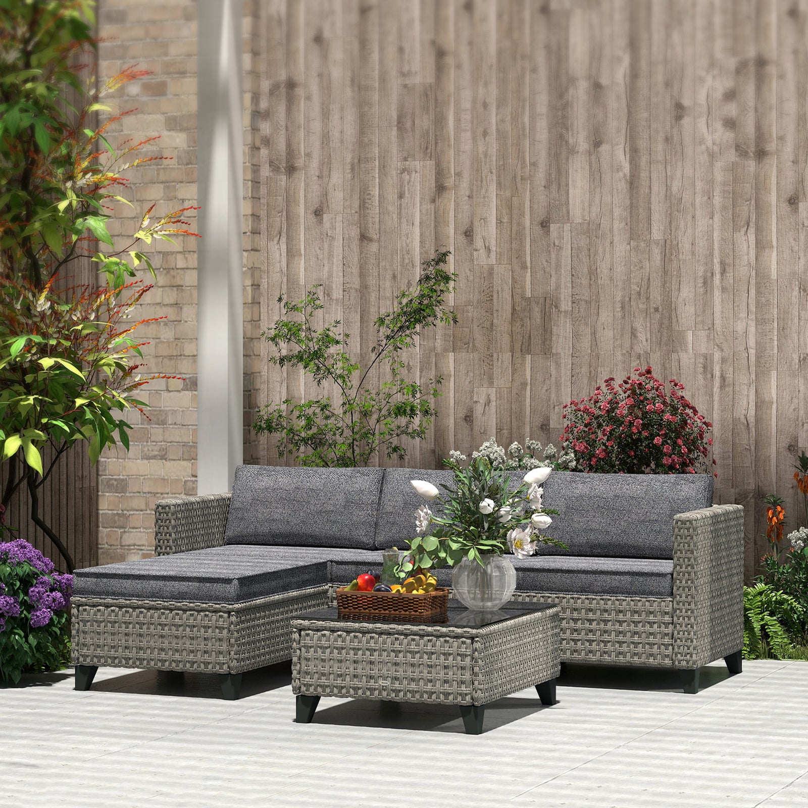 5 Pieces Rattan Garden Furniture Set W/ Corner Sofa, Table
