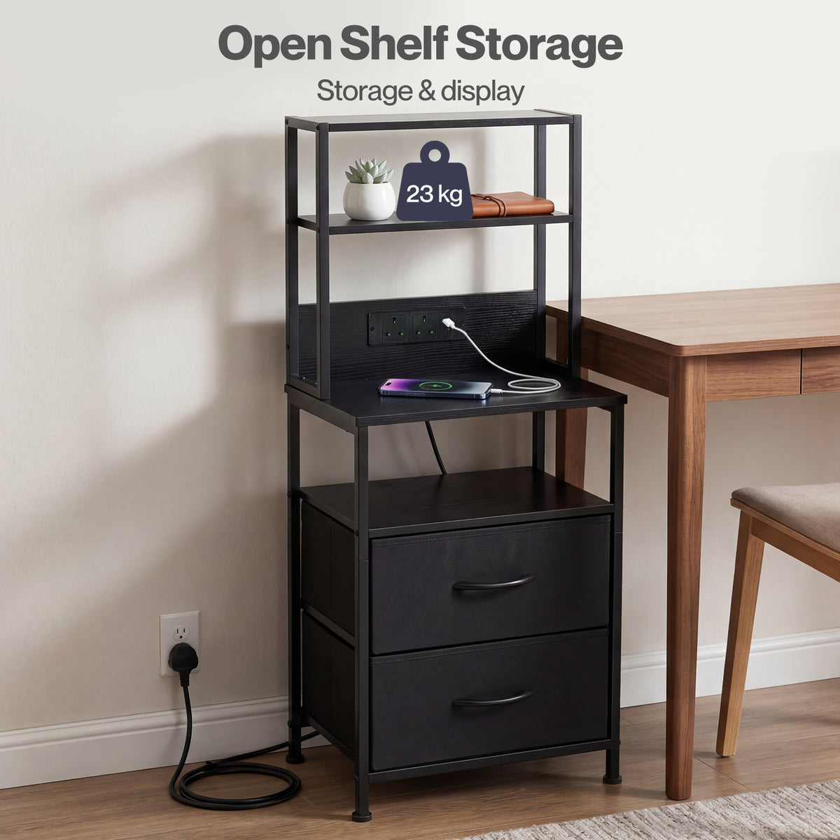 Levede Bedside Table With Charging Station,led Light 2 Drawers Storage Black