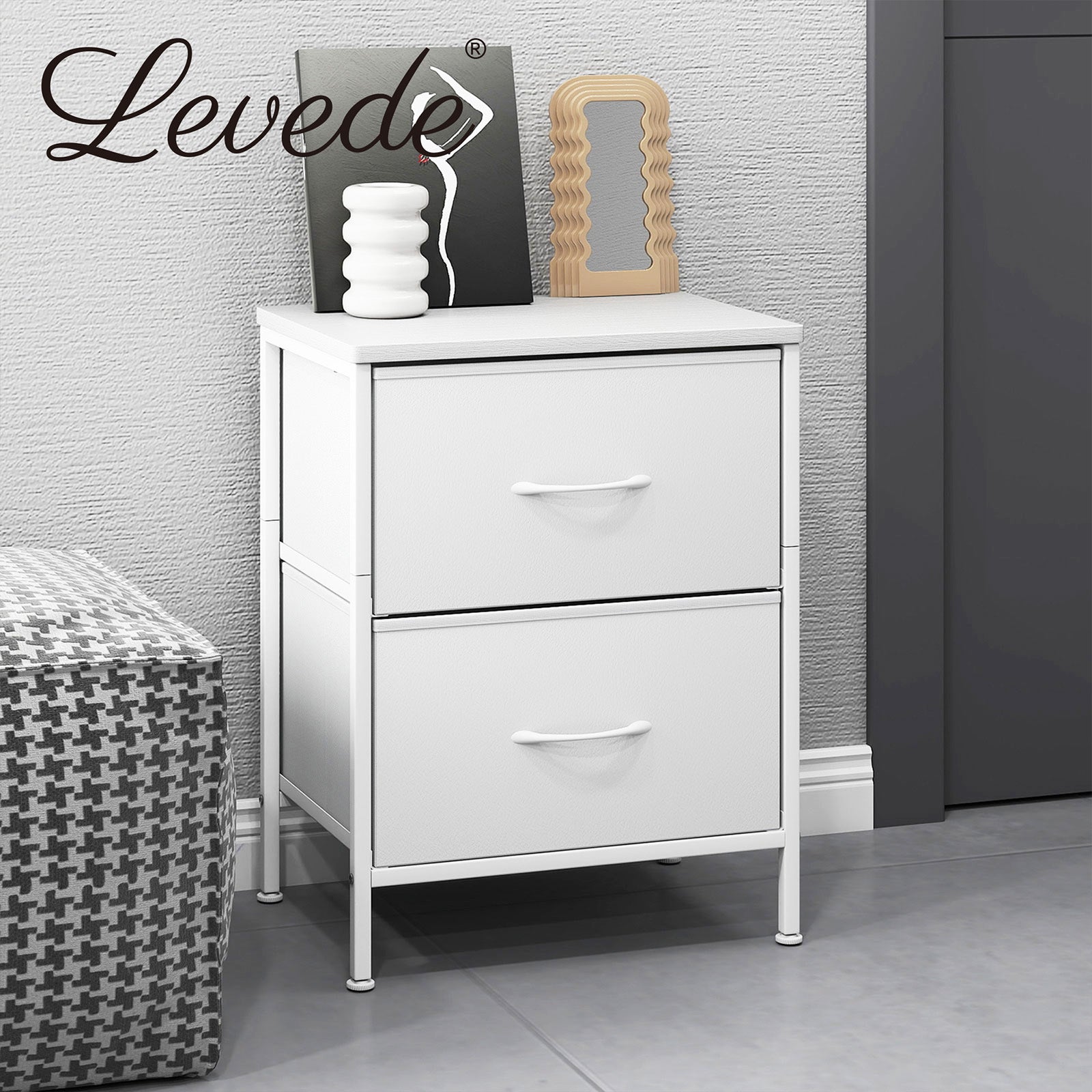 Bedside Table 2 Fabric Drawer Nightstand Shelf Storage Furniture Cabinet | White