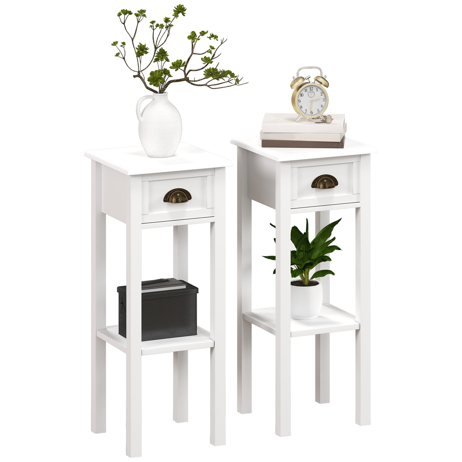 HOMCOM 2-tier Side Tables Set Of 2 With Drawer Shelf For Living Room, White