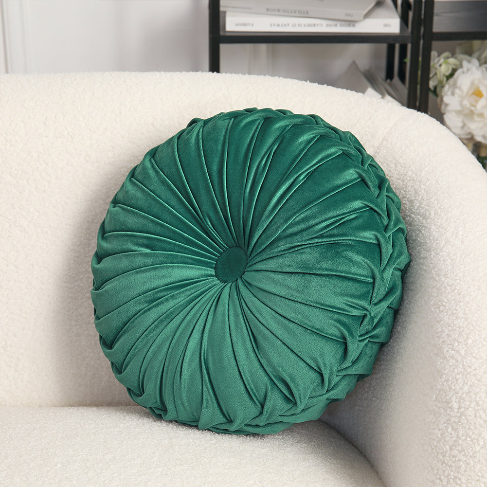 Round Pumpkin Velvet Cushion Soft Pleated Accent Pillow | Large | Green