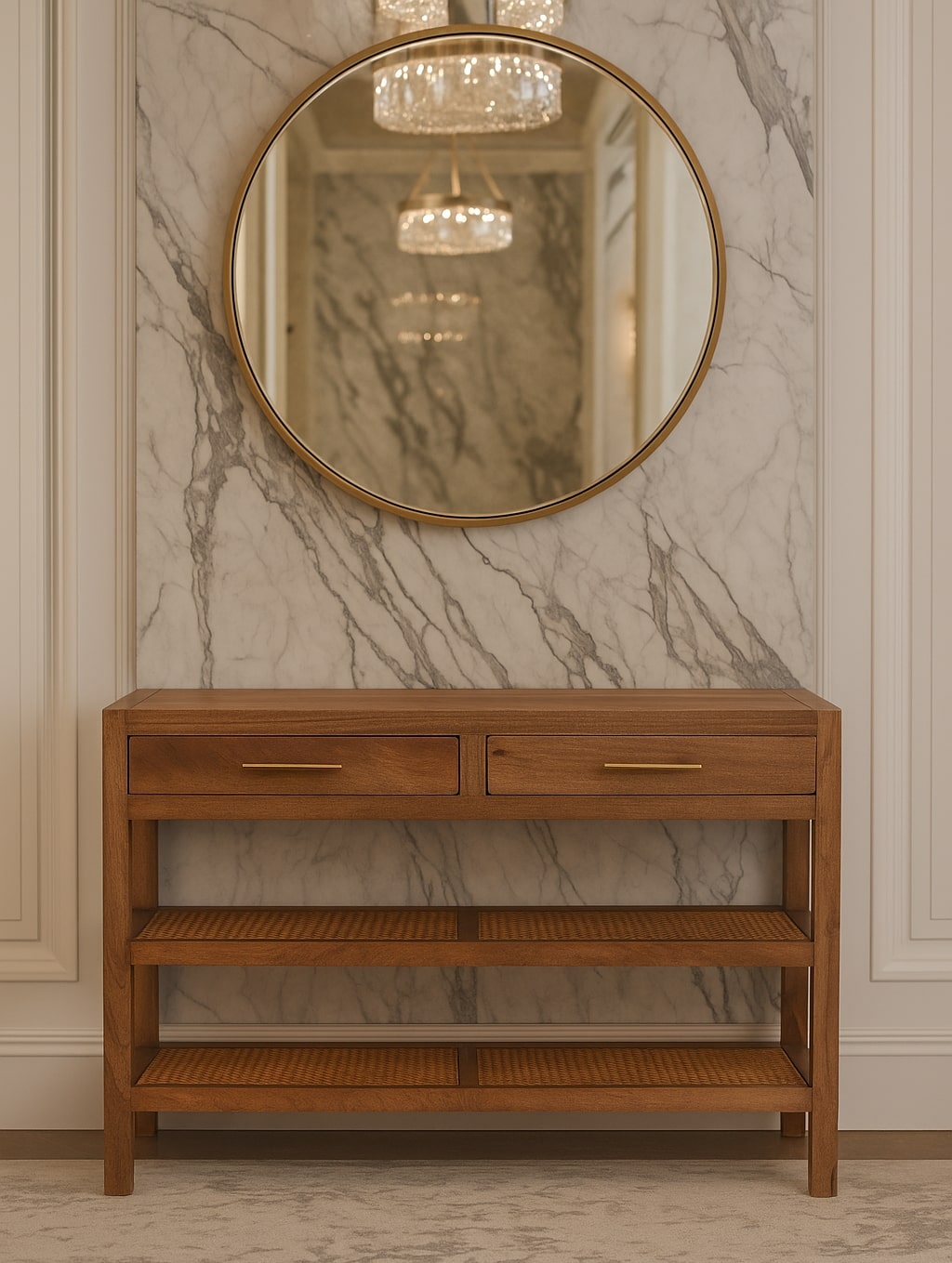 Saffron Rattan Console – Solid Mango Wood With Woven Rattan & Brass Accents