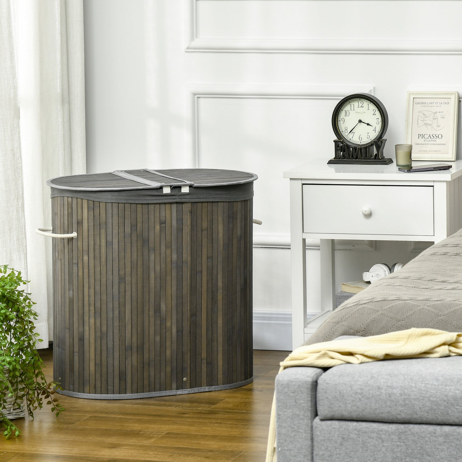 100l Bamboo Laundry Basket W/ 2 Compartments Washing Baskets | One Size