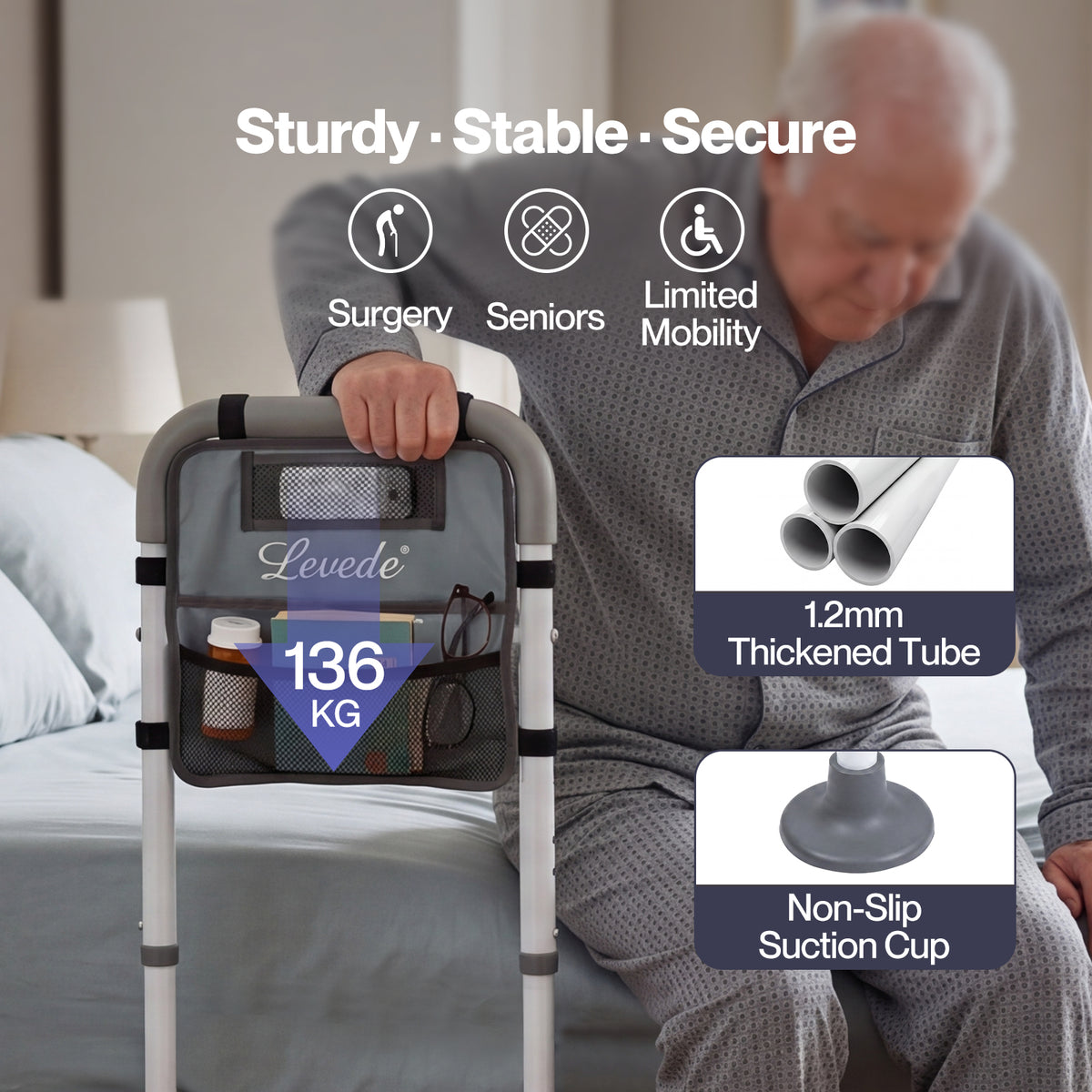 Adjustable Bed Rail With Led Sensor Light Storage Pocket Bed Handle Guard