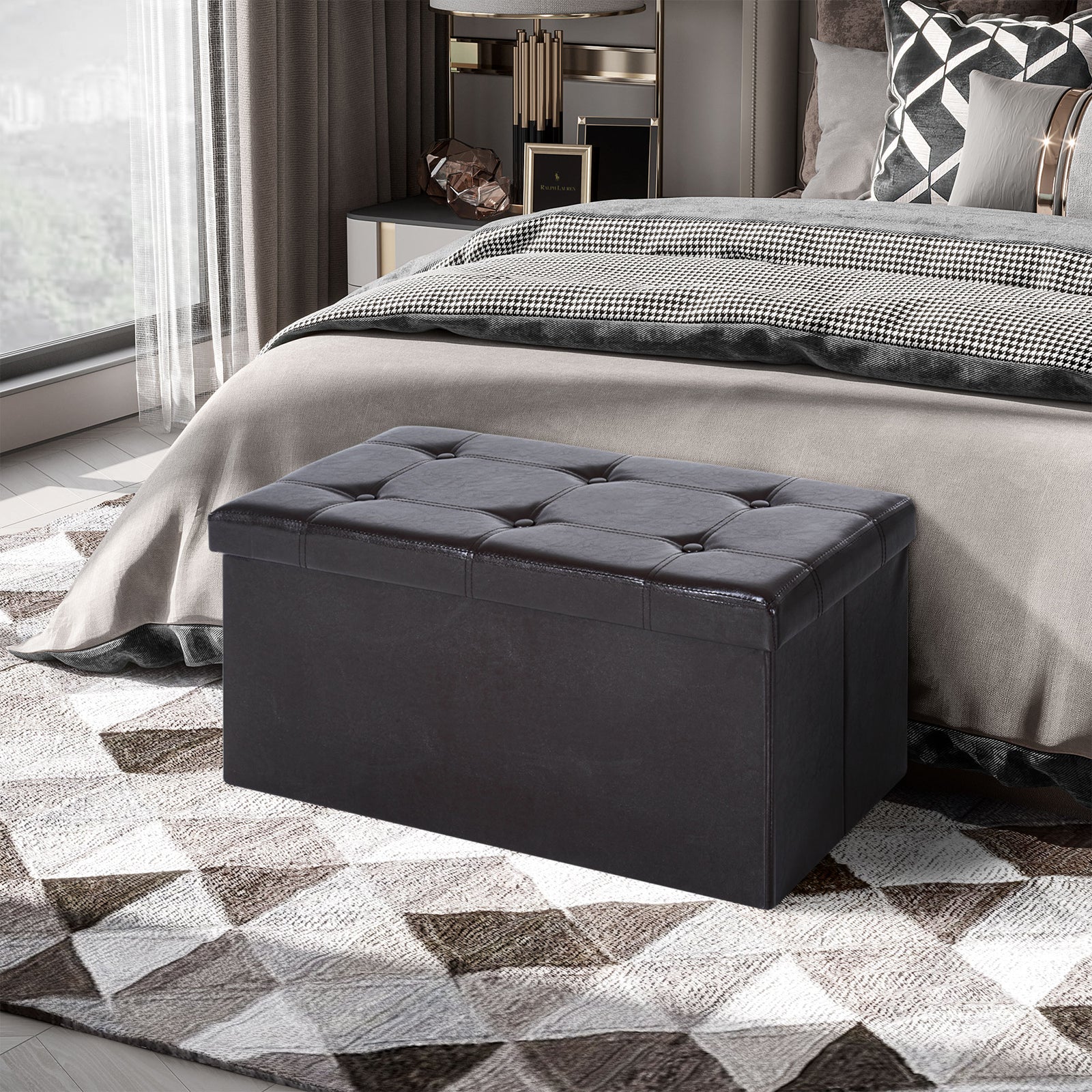 Pu Leather Storage Bench, Tufted Footrest | Brown