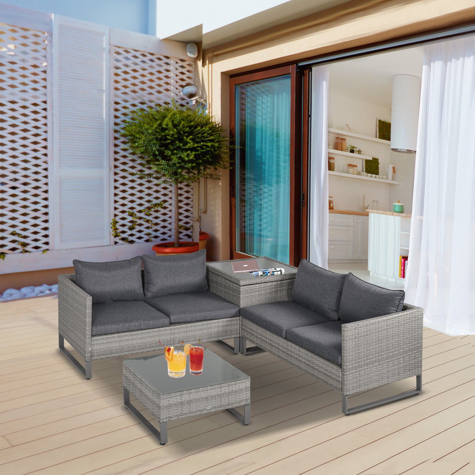 4 Pcs Rattan Sofa Set W/ Storage Box Outdoor