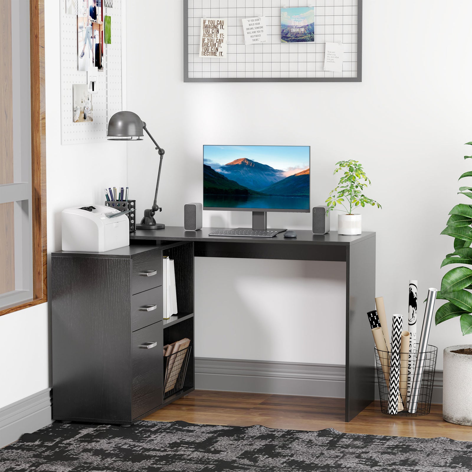 Computer Desk Table Workstation L Shape Drawer Shelf File | Black