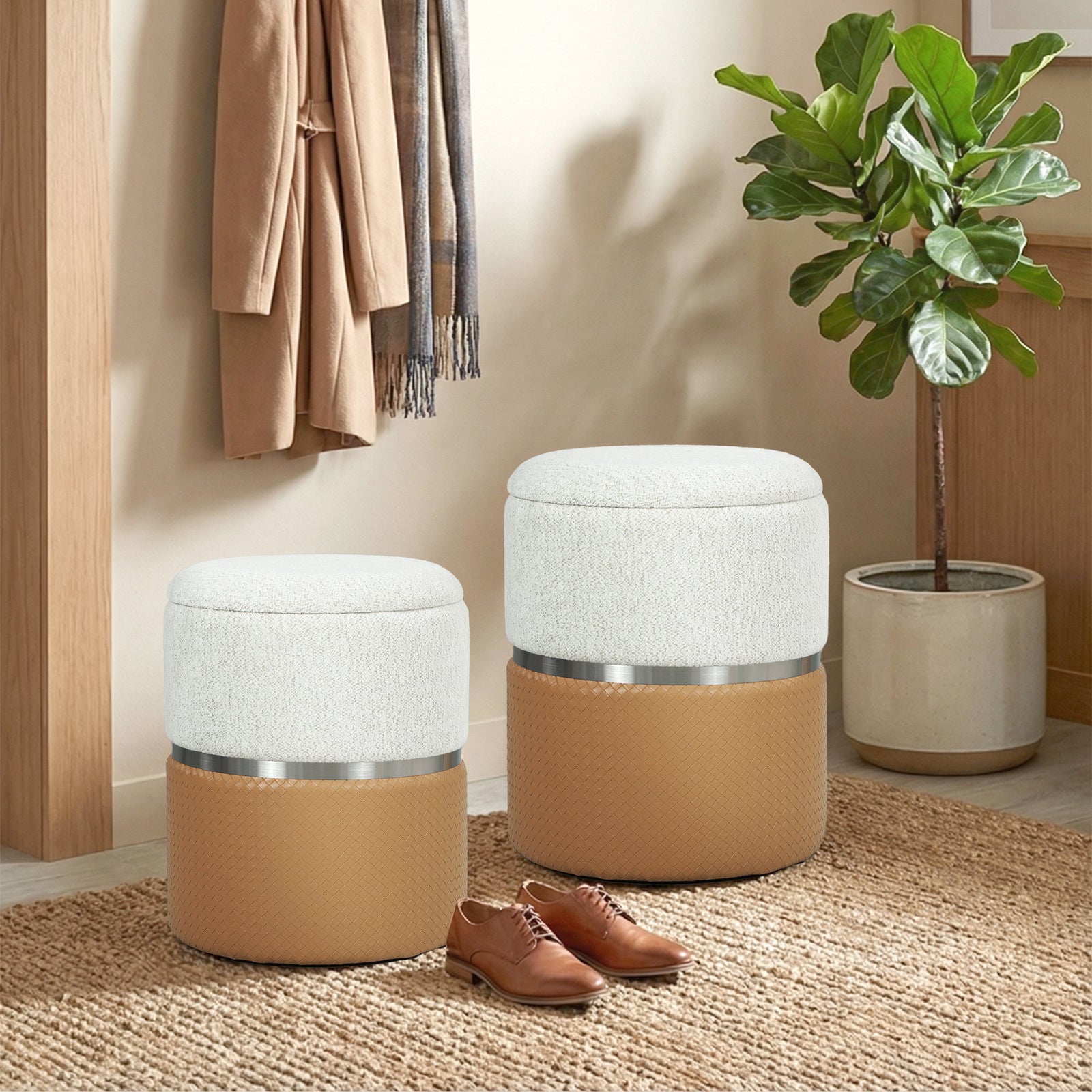 Round Storage Ottoman Set Of 2, Nesting Footrest Stool | Brown