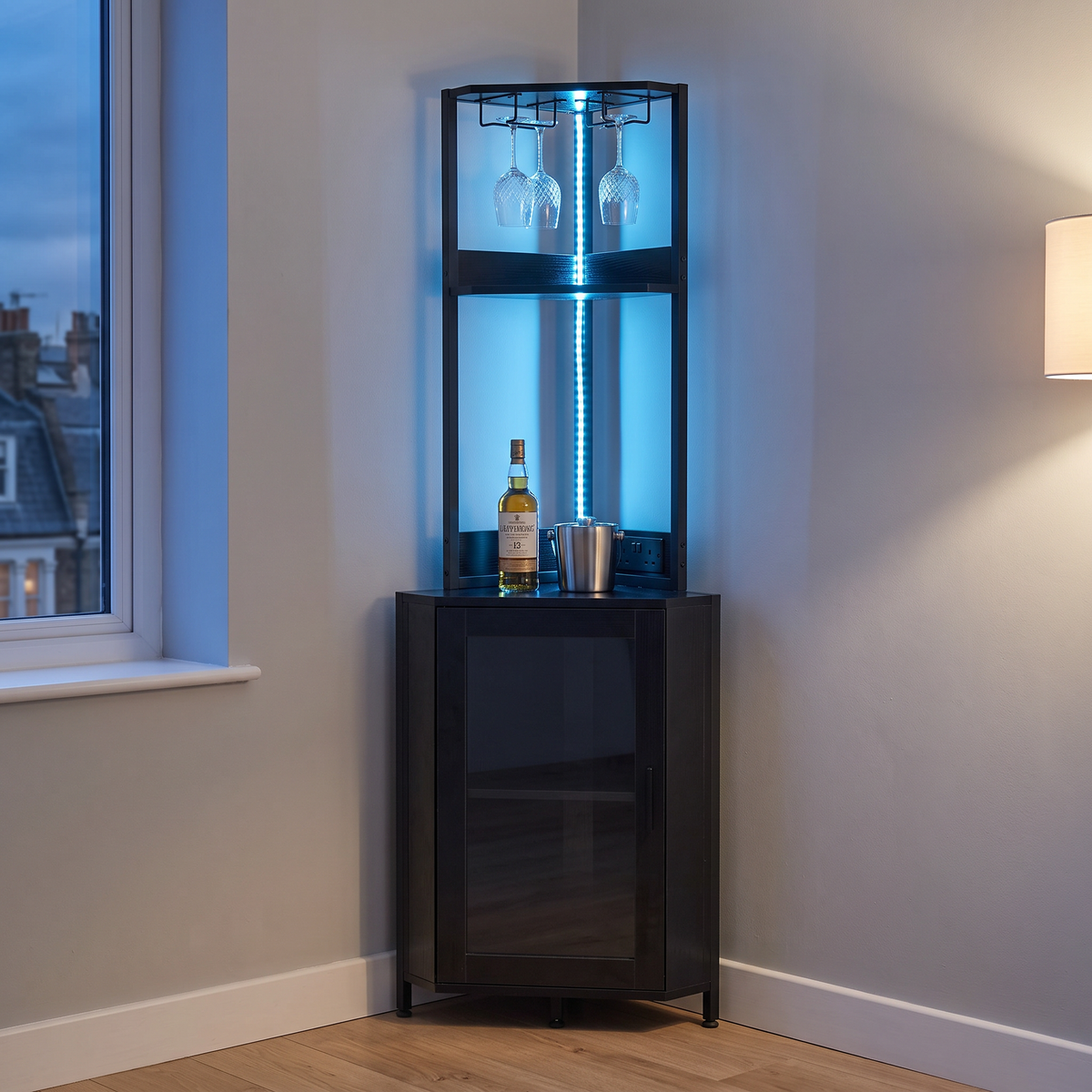 Breeins Industrial Tall Corner Bar Cabinet With Power Socket & Led Lighting
