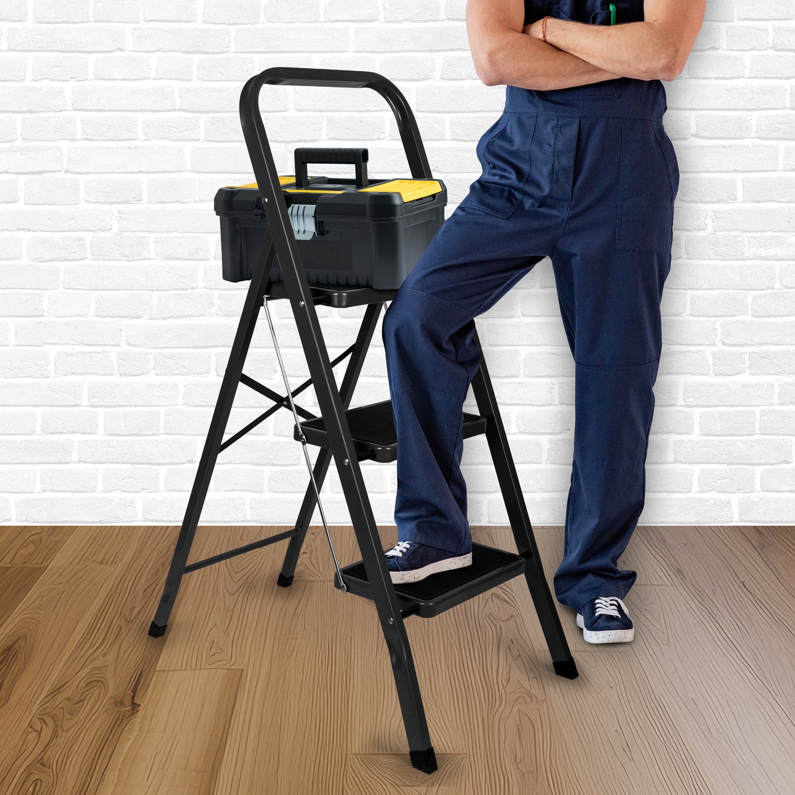 3 Step Ladder Black, Heavy-duty Steel Folding Home Diy Step Stool With Wide Non-slip Steps & Anti Slip Feet 150kg Capacity | 3 Step | Black