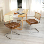 Set Of 2 Rattan And Pu Leather Dining Chairs With Wooden Frame And Metal Legs – Vintage-style | Brown