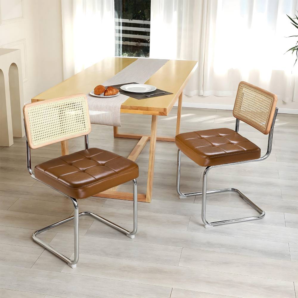Set Of 2 Rattan And Pu Leather Dining Chairs With Wooden Frame And Metal Legs – Vintage-style | Brown