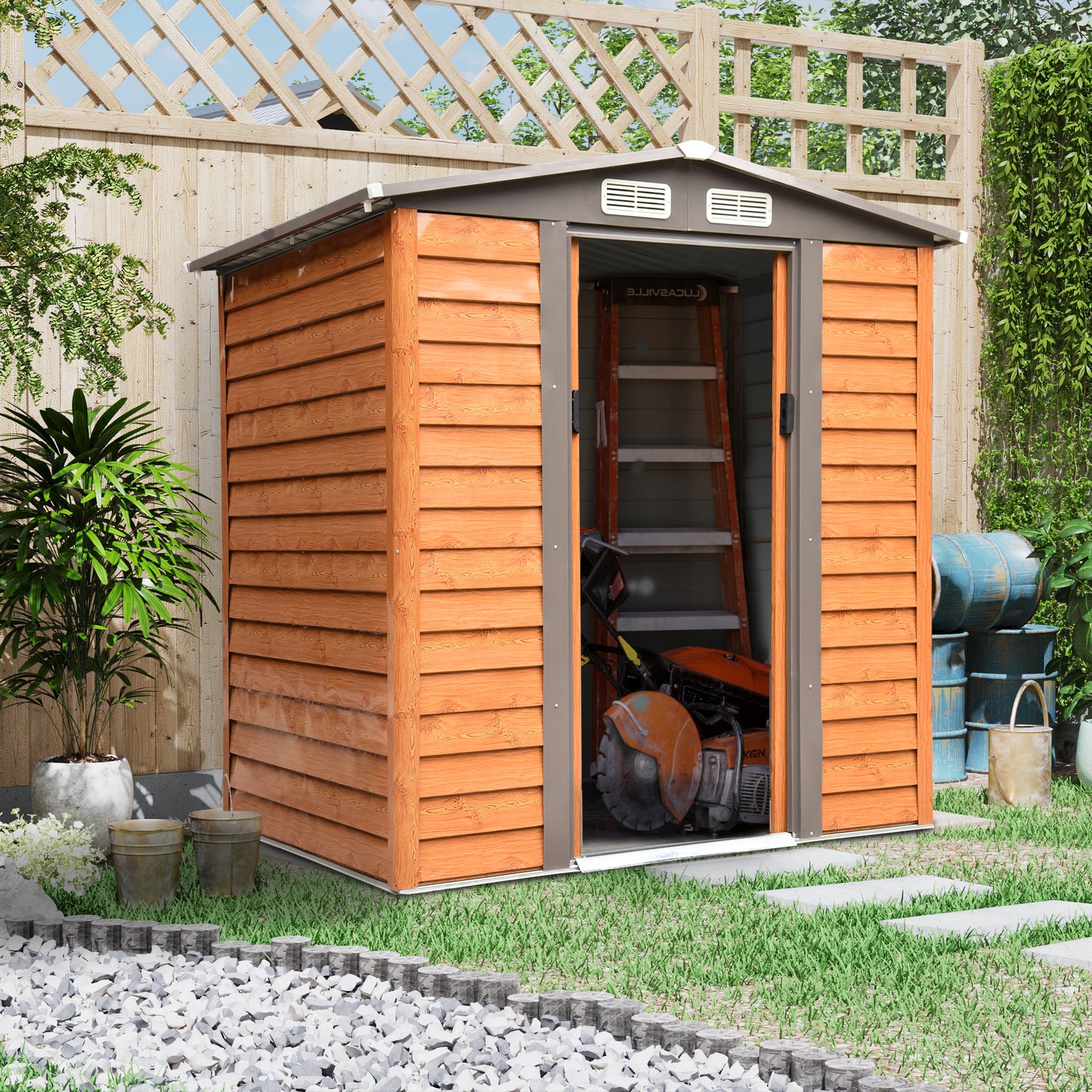 Garden Shed Wood Effect Tool Storage Sliding Door Wood Grain | Small | Brown