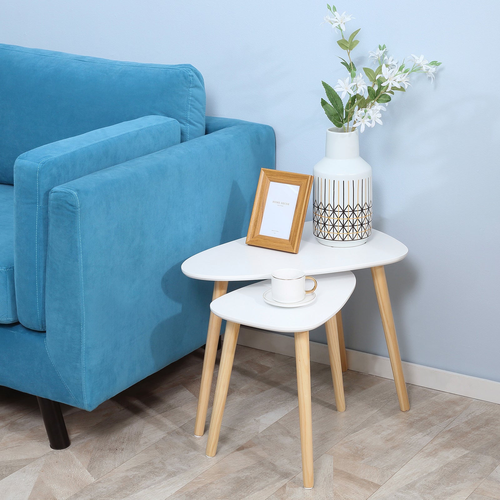 Side Table Set Of 2 Nested Coffee Table With Solid Wood Legs | White