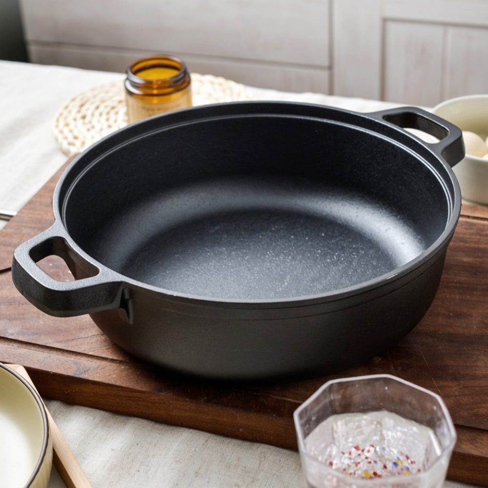 30cm/33cm/35cm Dia Pre-seasoned Round Cast Iron Braiser Pan With Lid & Double Handles | Large