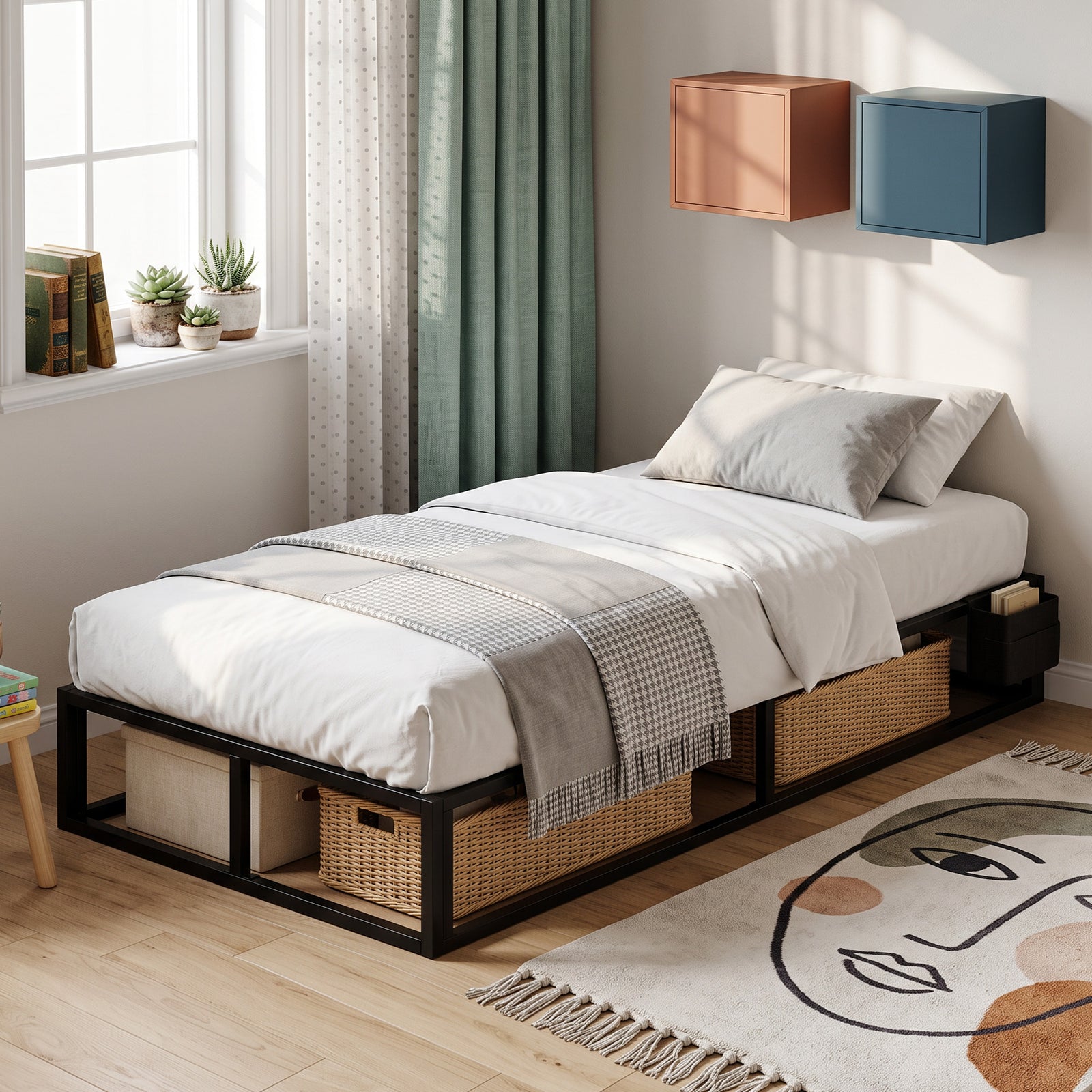 HOMCOM 12 Slats Metal Platform Bed Frame With Storage Bag, Black