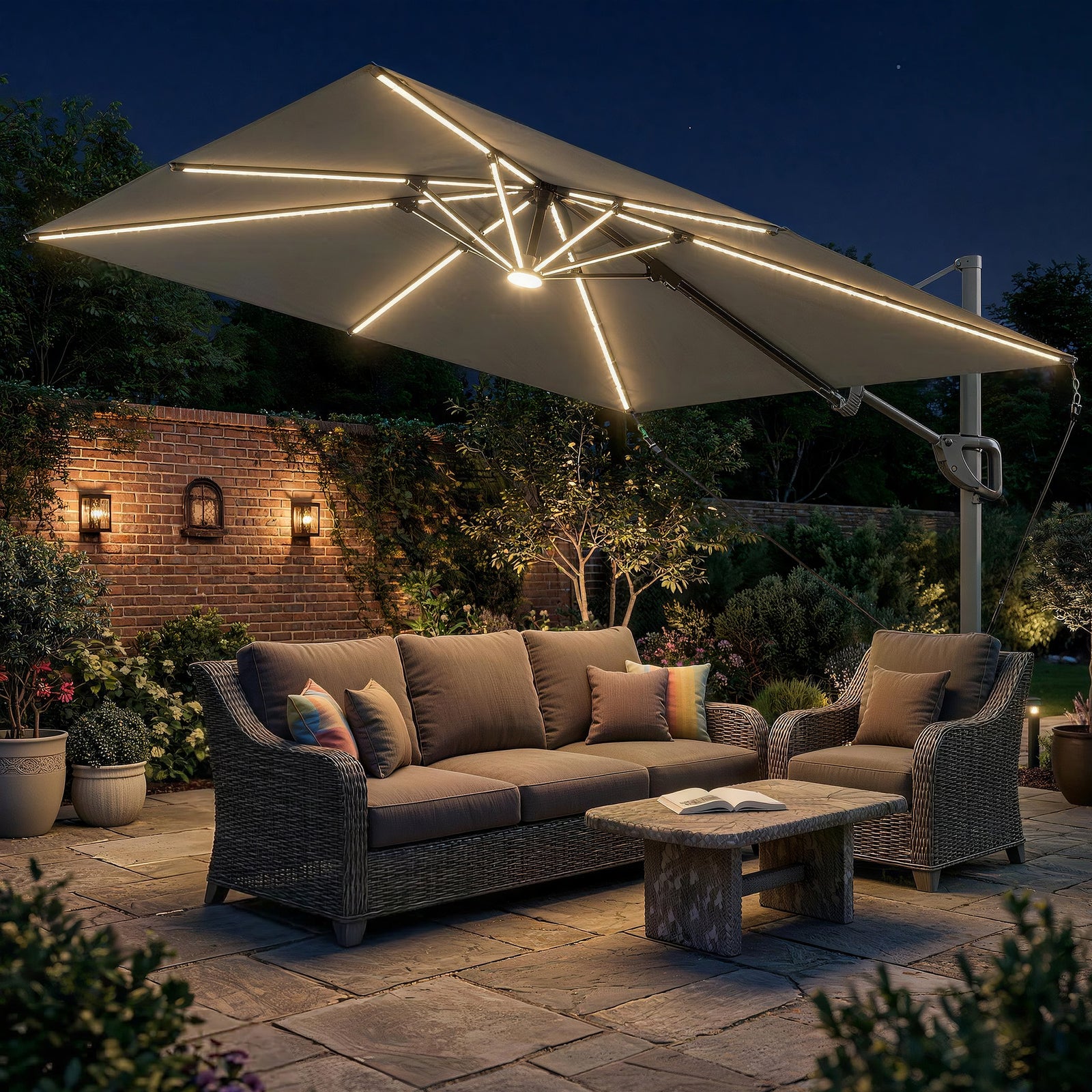 3 X 3 M Garden Cantilever Parasol W/ Light, Cover, Wind Protection | Grey
