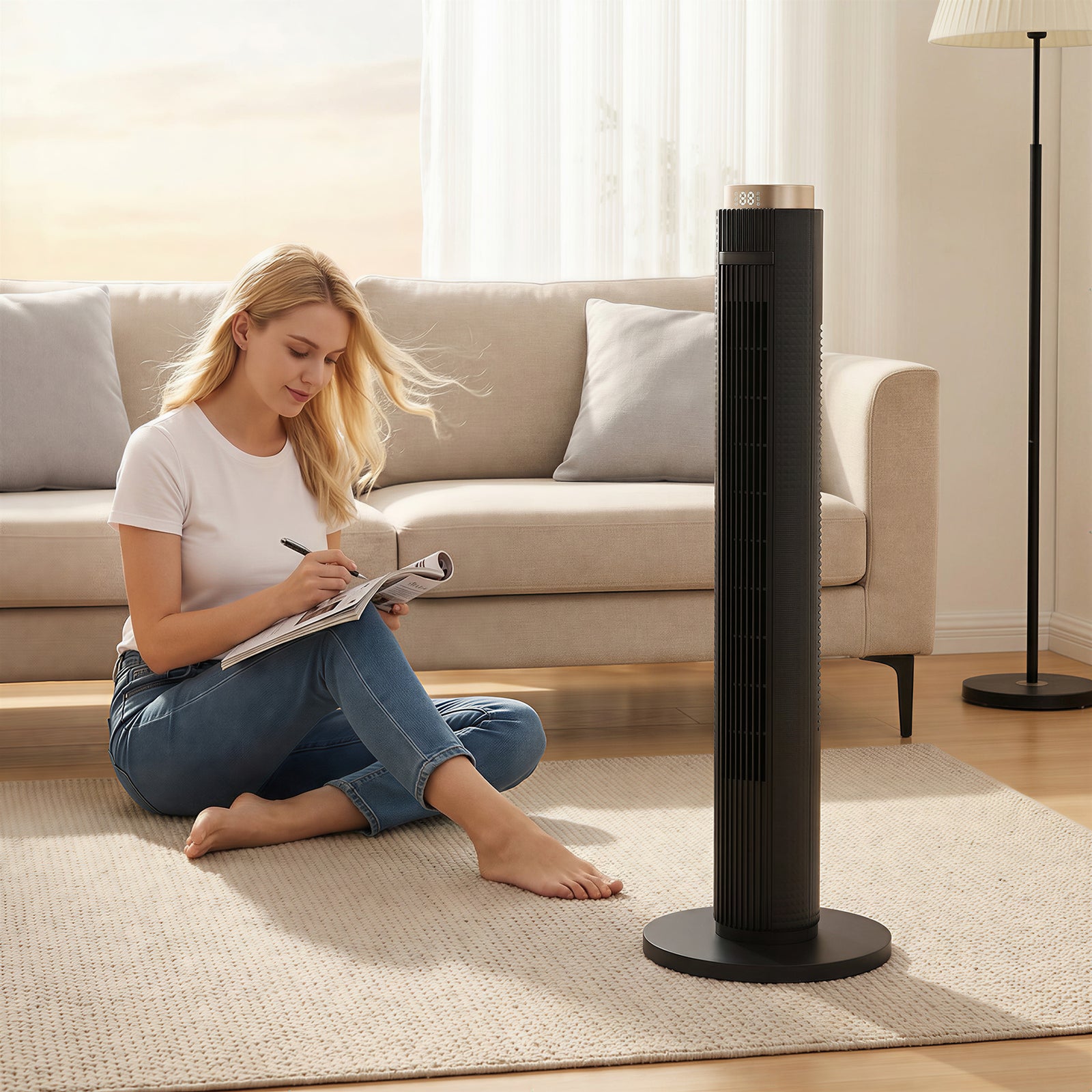 96cm Tower Fan, Standing Floor Fan With Remote Control | Black