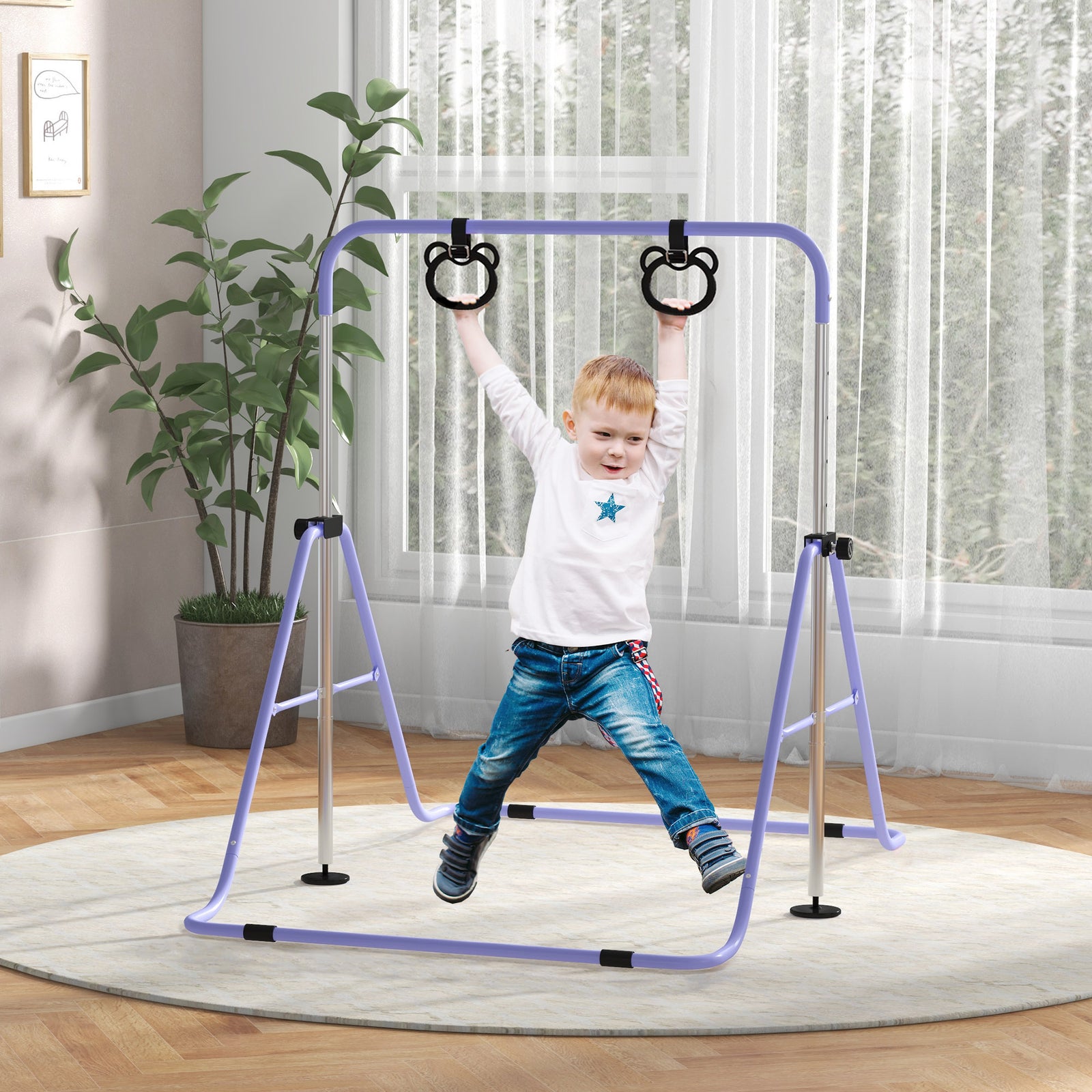 Adjustable Height Foldable Kids Gymnastics Bar With Non-slip Mats | Purple