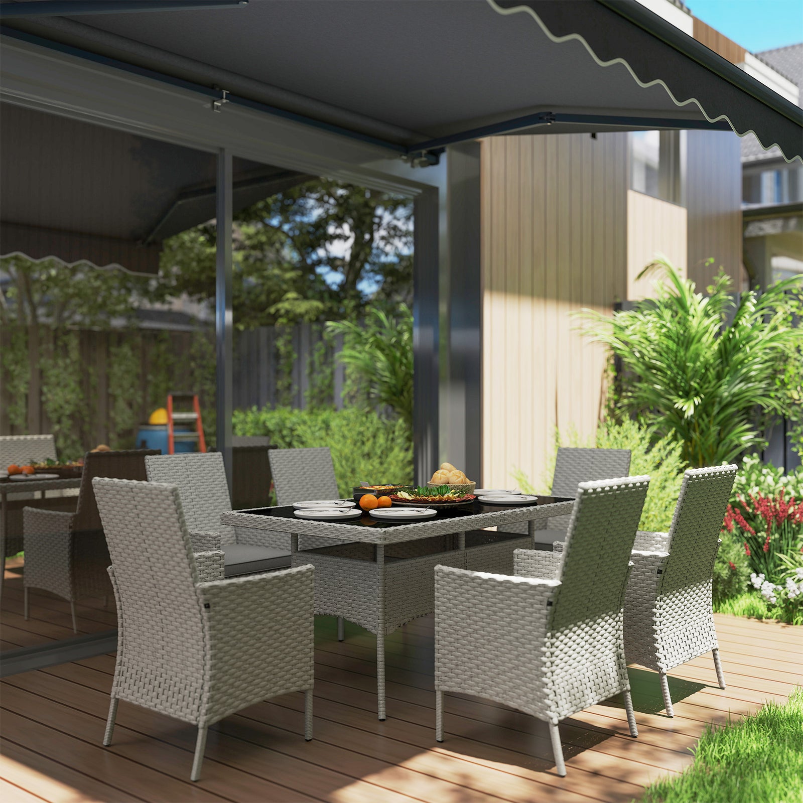 6 Seater Rattan Garden Furniture Set With Cushions | Dark Gray