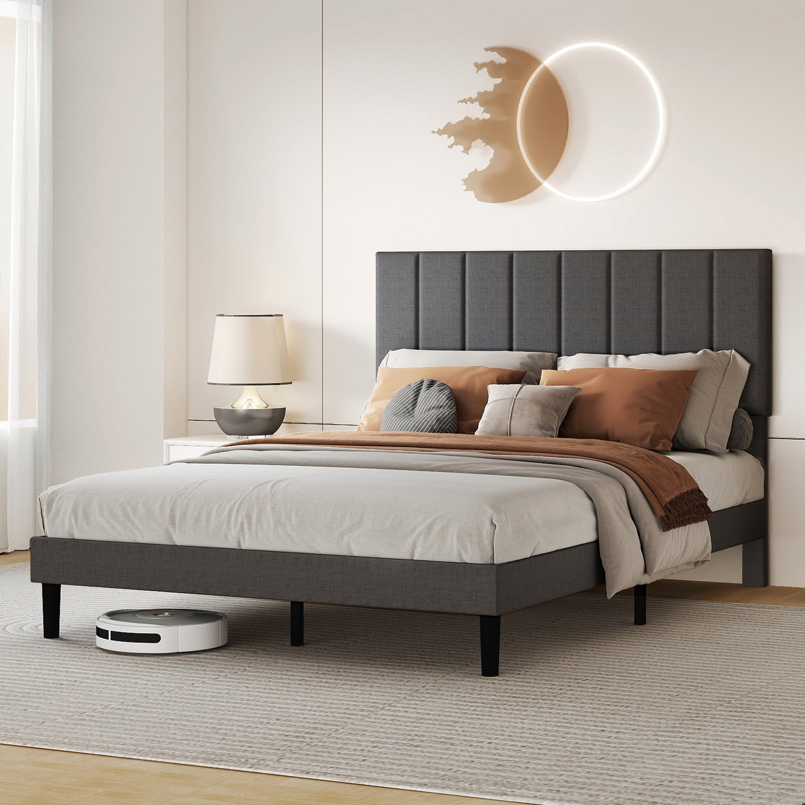 Upholstered Linen Bed Frame With Foam Headboard | Double | Dark Grey
