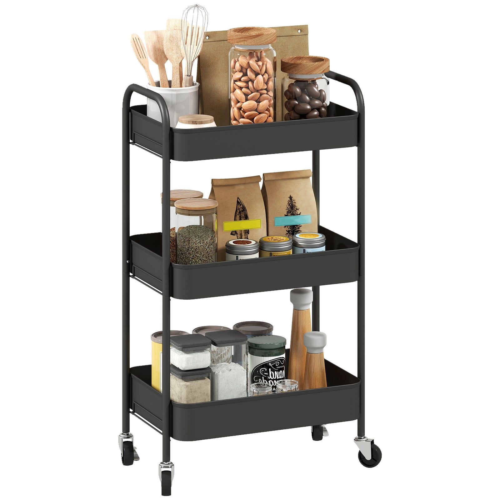 3 Tier Rolling Utility Cart With 3 Mesh Basket | One Size | Black