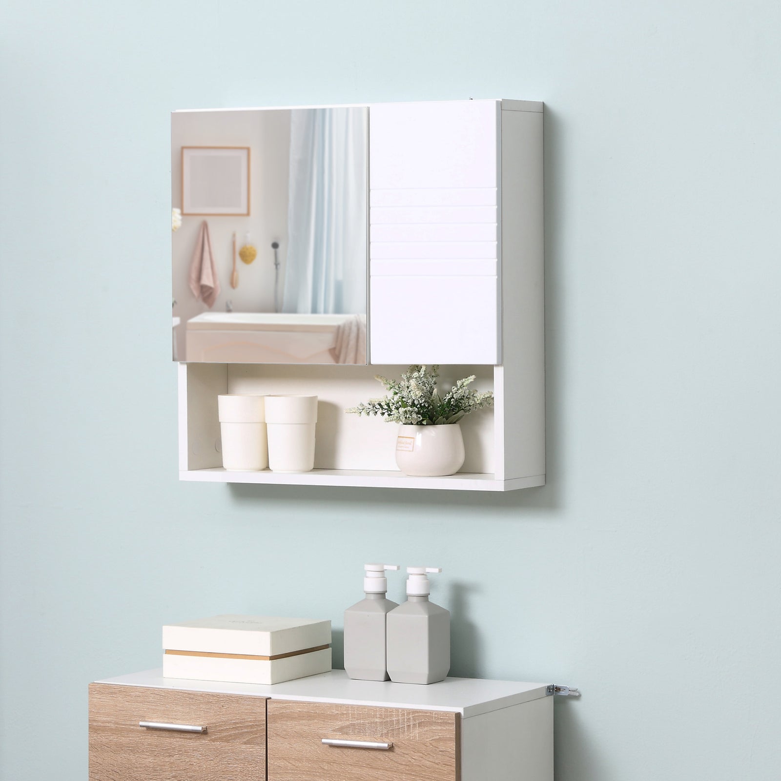 Bathroom Wall-mounted Mirror Cabinet W/ Double Door