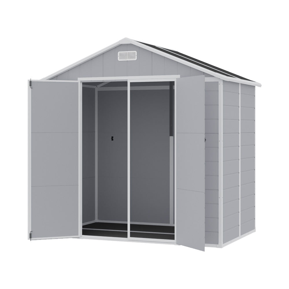 Outdoor Plastic Tool Shed With Apex Roof & Floor, Double Doors, Ventilation & Window, Lockable Backyard Storage House | 8x4ft | Grey