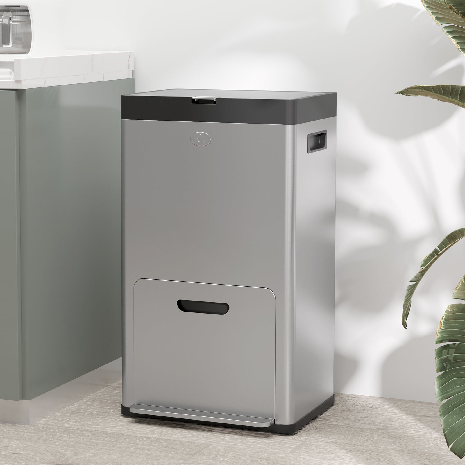 3 Compartment Kitchen Bin, 56l With Wheels