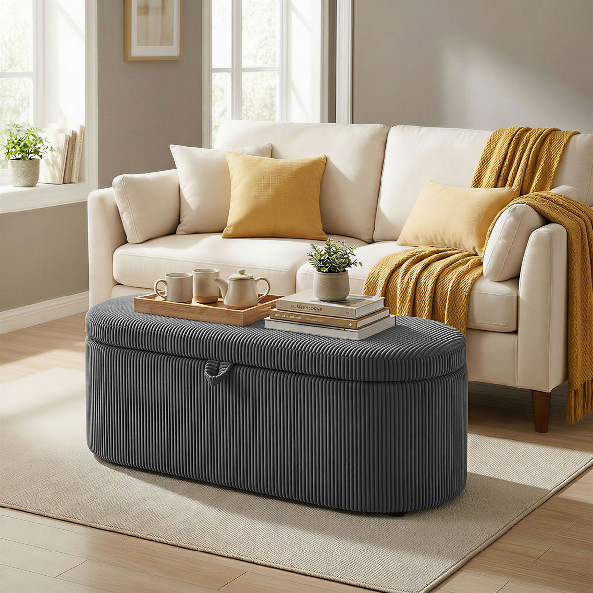 Storage Ottoman, Corduroy Ottoman Storage Box With Padded Seat | Dark Grey