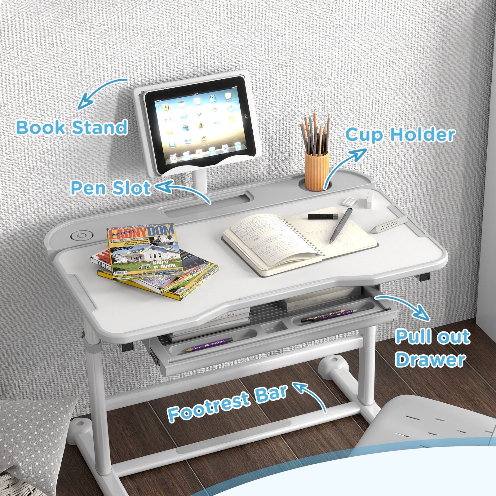Height Adjustable Kids Desk And Chair Set W/ Tilted Desktop | Grey