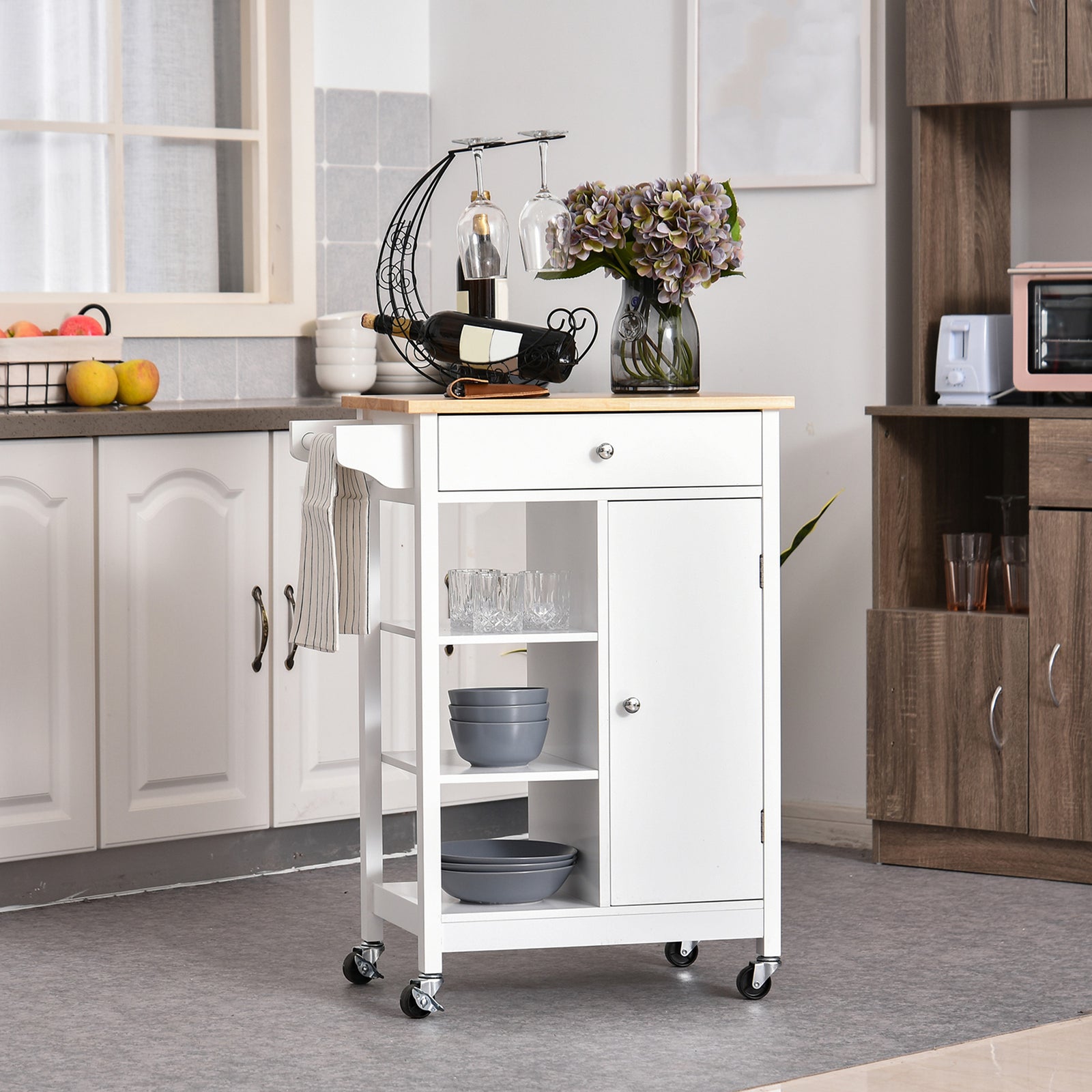 Storage Trolley With Wood Top, Shelves, Drawer