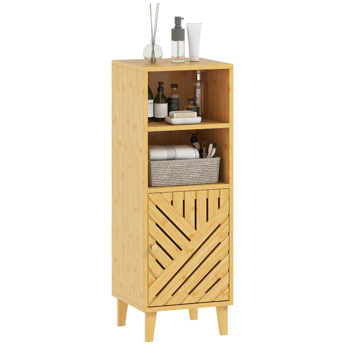 HOMCOM Narrow Bathroom Storage Cabinet With Open Compartments, Natural