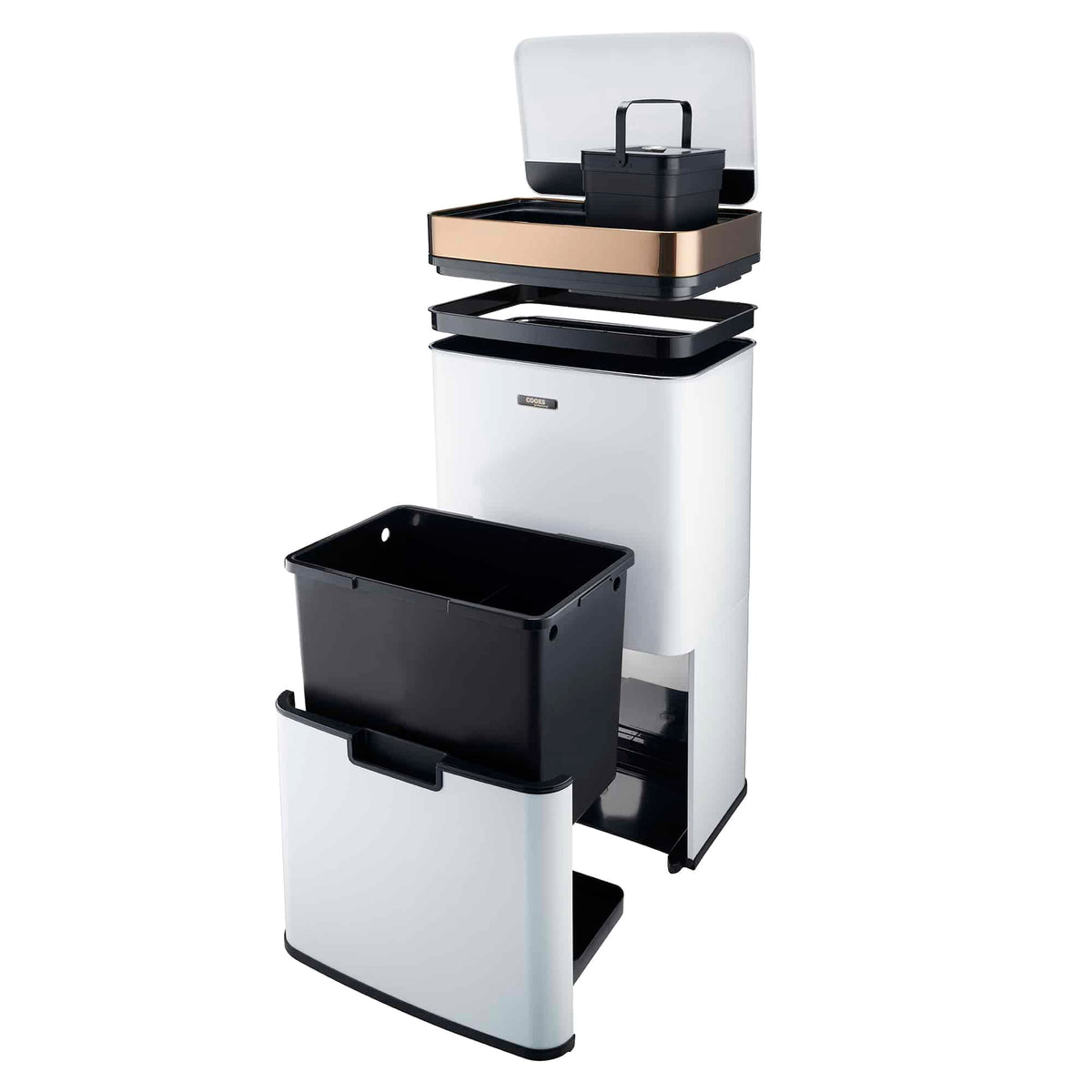 75l Sensor Recycling Bin With Food Caddy & 25 Bin Biodegradable Bags | 75L | White & Copper
