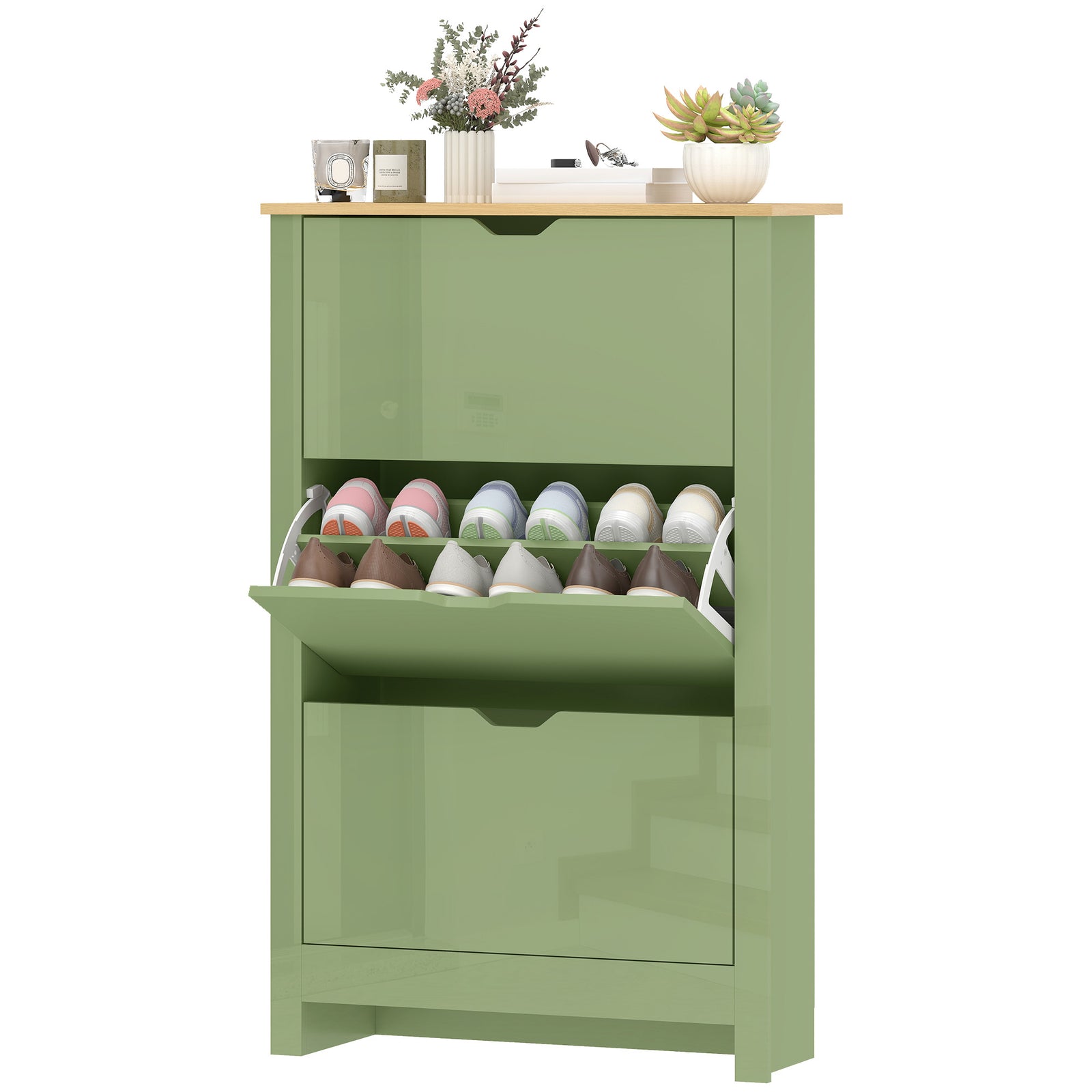 18-shoe Storage Cabinet 6 Shelves 3 Drawers Tabletop High | Green