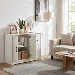 Modern White Sideboard With Black Handles, 2 Drawers & 2 Cabinets, Adjustable Shelves
