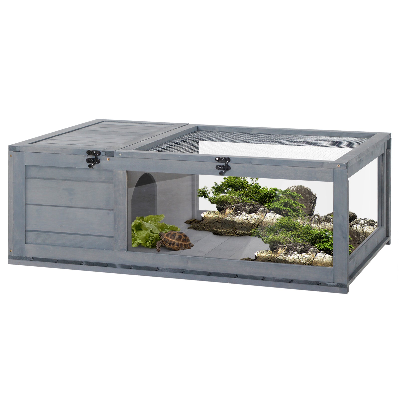 Tortoise House W/ Mesh Roof, Small Pet Reptile Wooden House - Grey