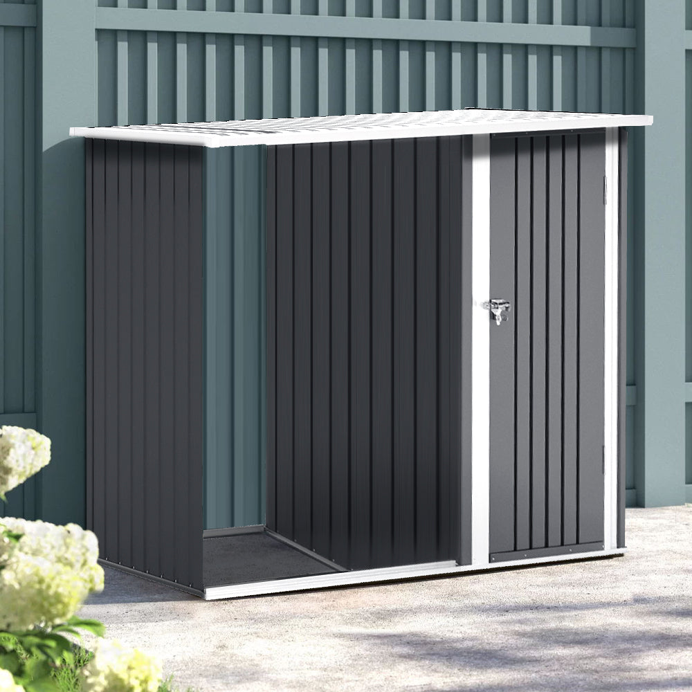Steel Outdoor Storage Shed With Firewood Log Rack Waterproof Metal Garden Tool Organizer | One Size | Charcoal Black