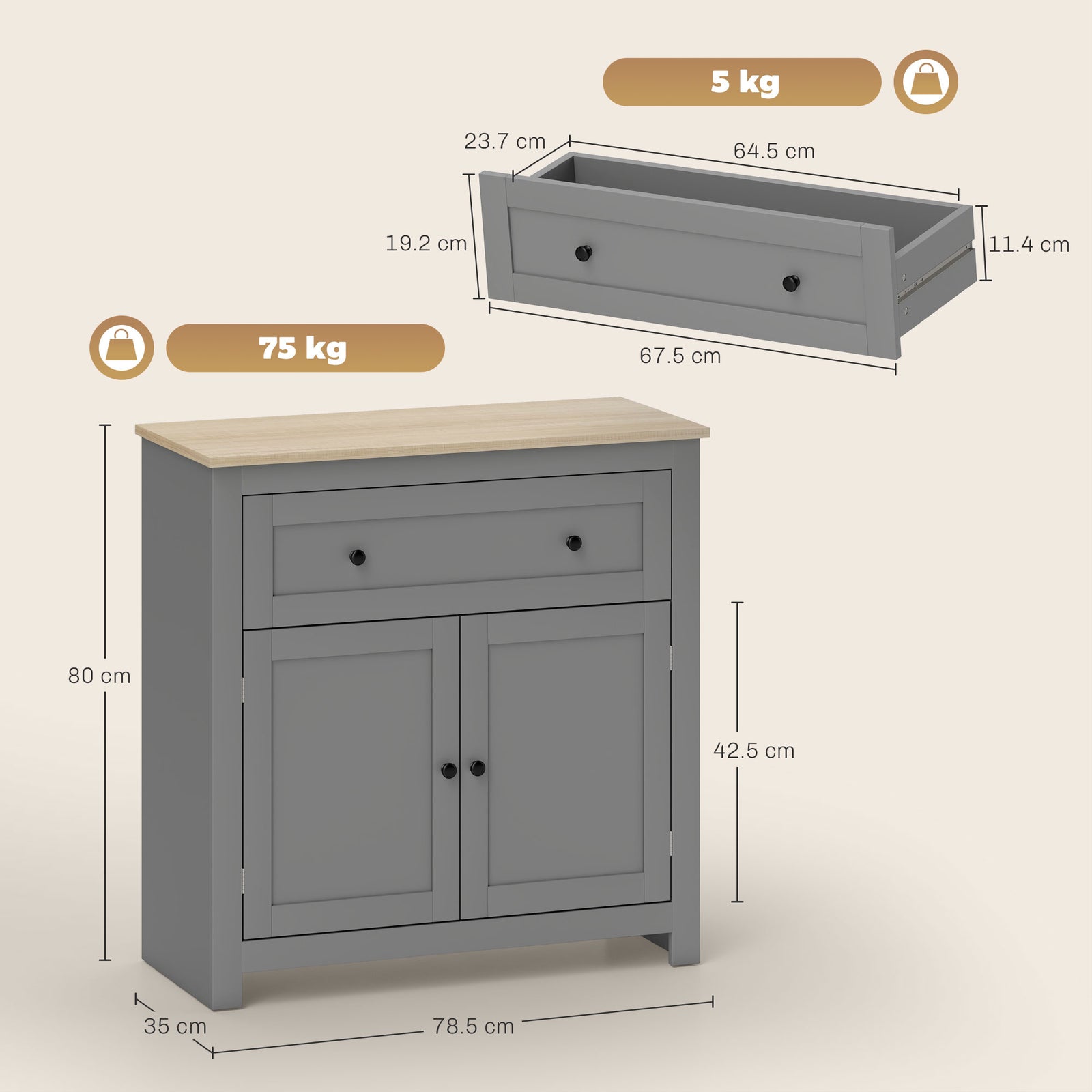 Sideboard Storage Cabinet With Adjustable Shelf, Drawer | Grey