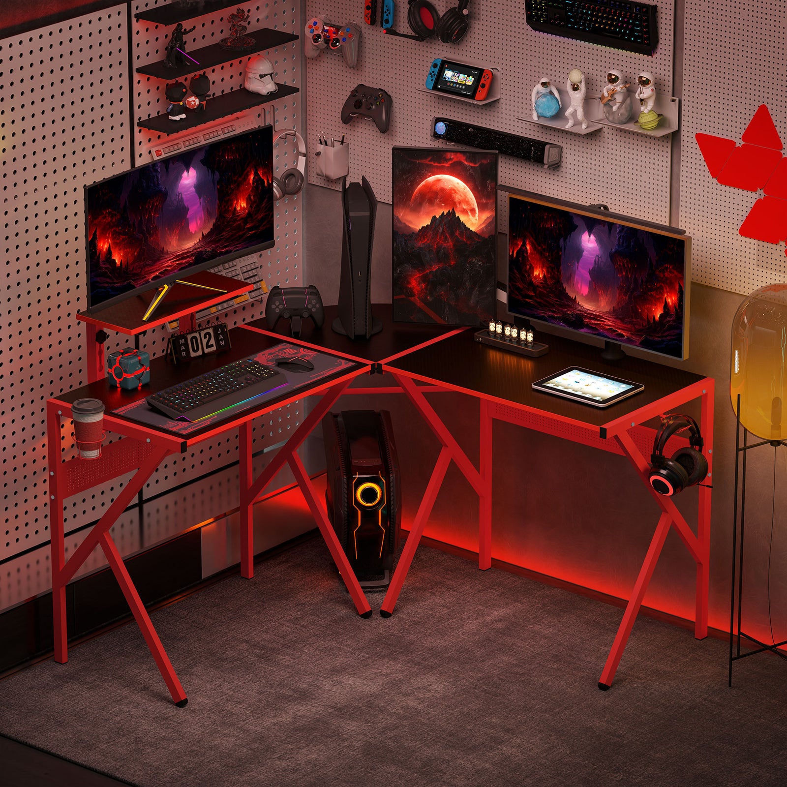 Corner Gaming Desk W/ Monitor Stand Cup Holder | Red