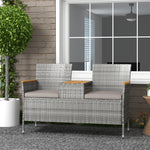 Rattan Garden Bench W/ Wood Top Table, Chair, Cushions | Gray