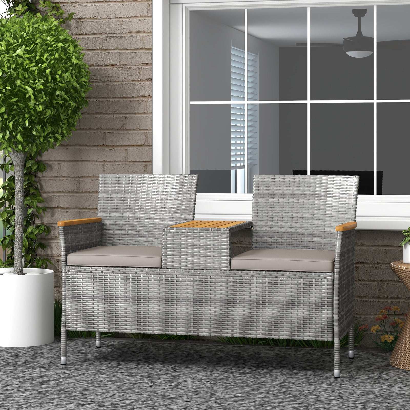 Rattan Garden Bench W/ Wood Top Table, Chair, Cushions | Gray